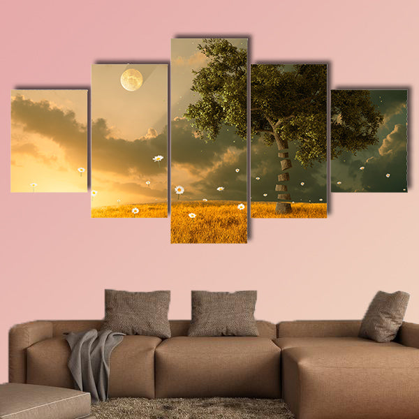 The unreal fantastic land with flying flowers and tree multi panel canvas wall art