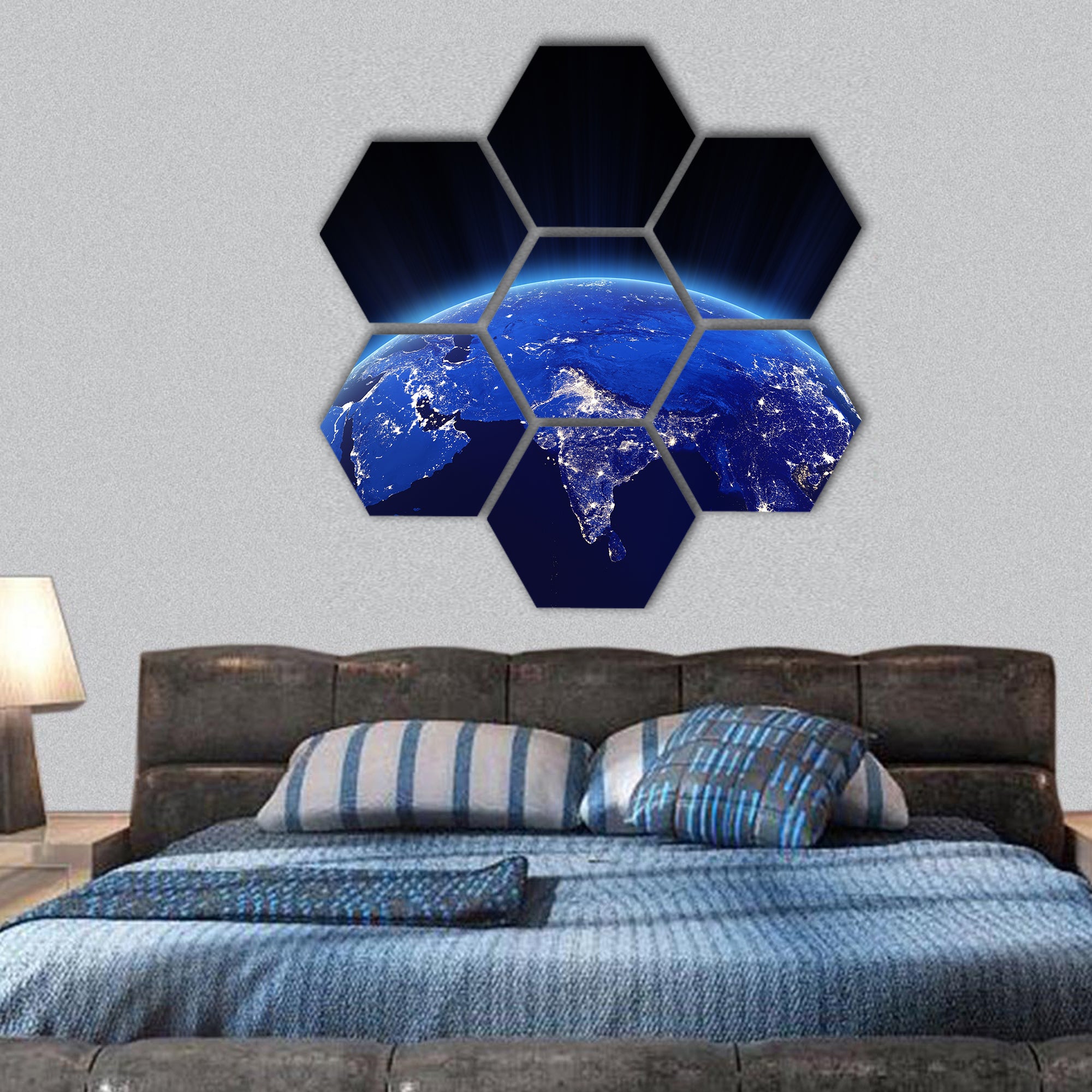 India city lights at night hexagonal canvas wall art