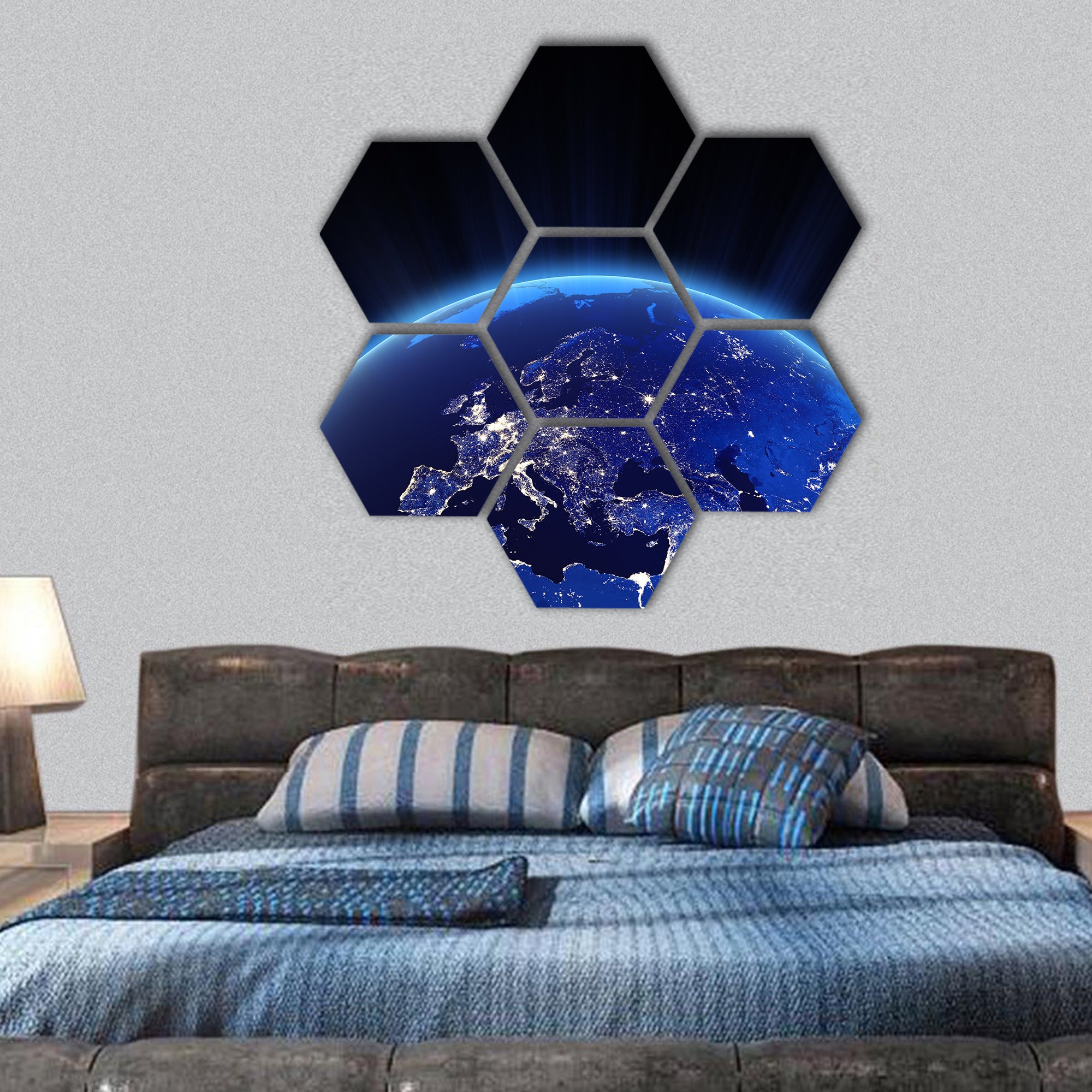 Europe city lights at night hexagonal canvas wall art