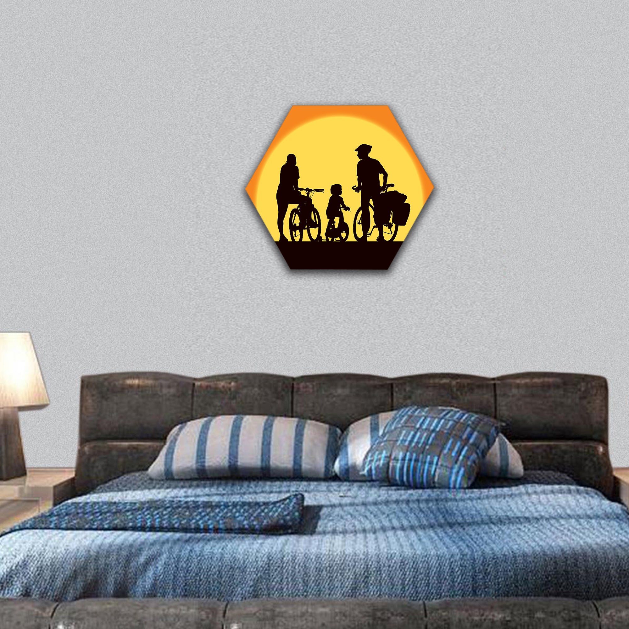 Parents and child cycling on a summer trip hexagonal canvas wall art