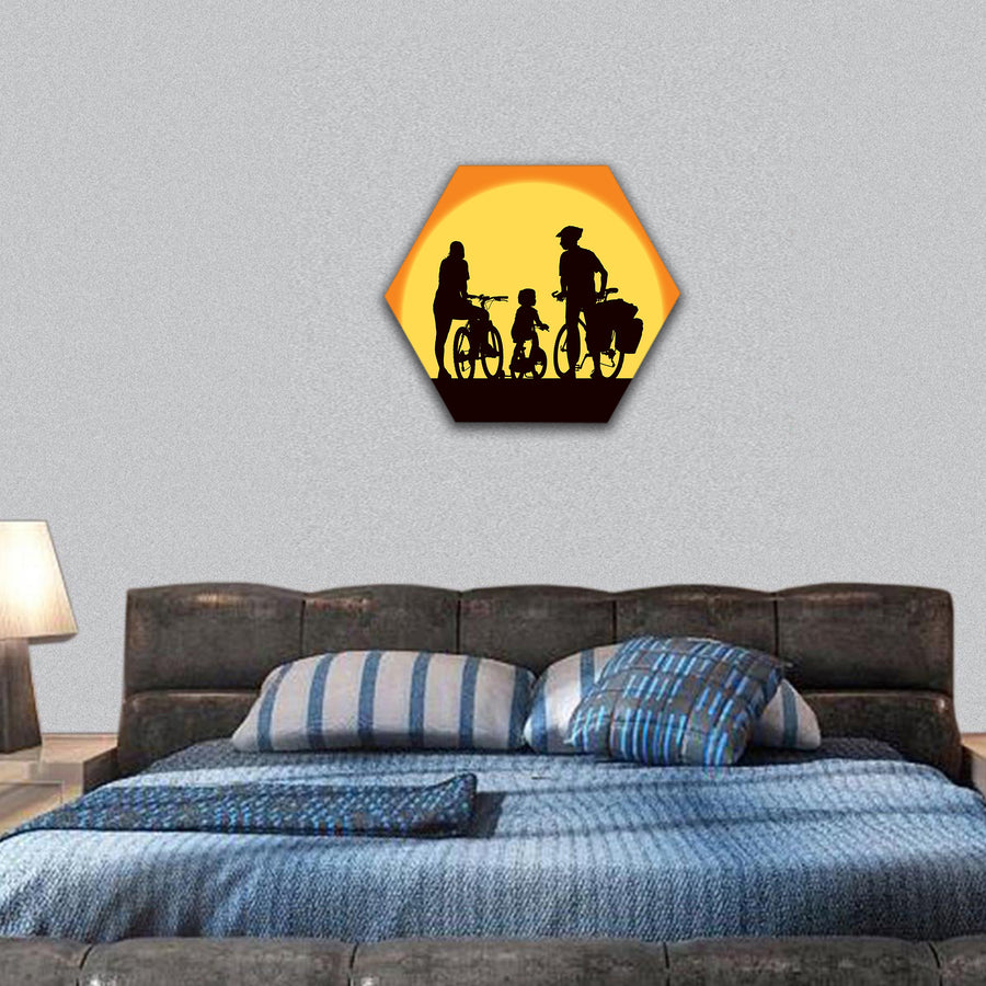 Parents and child cycling on a summer trip hexagonal canvas wall art