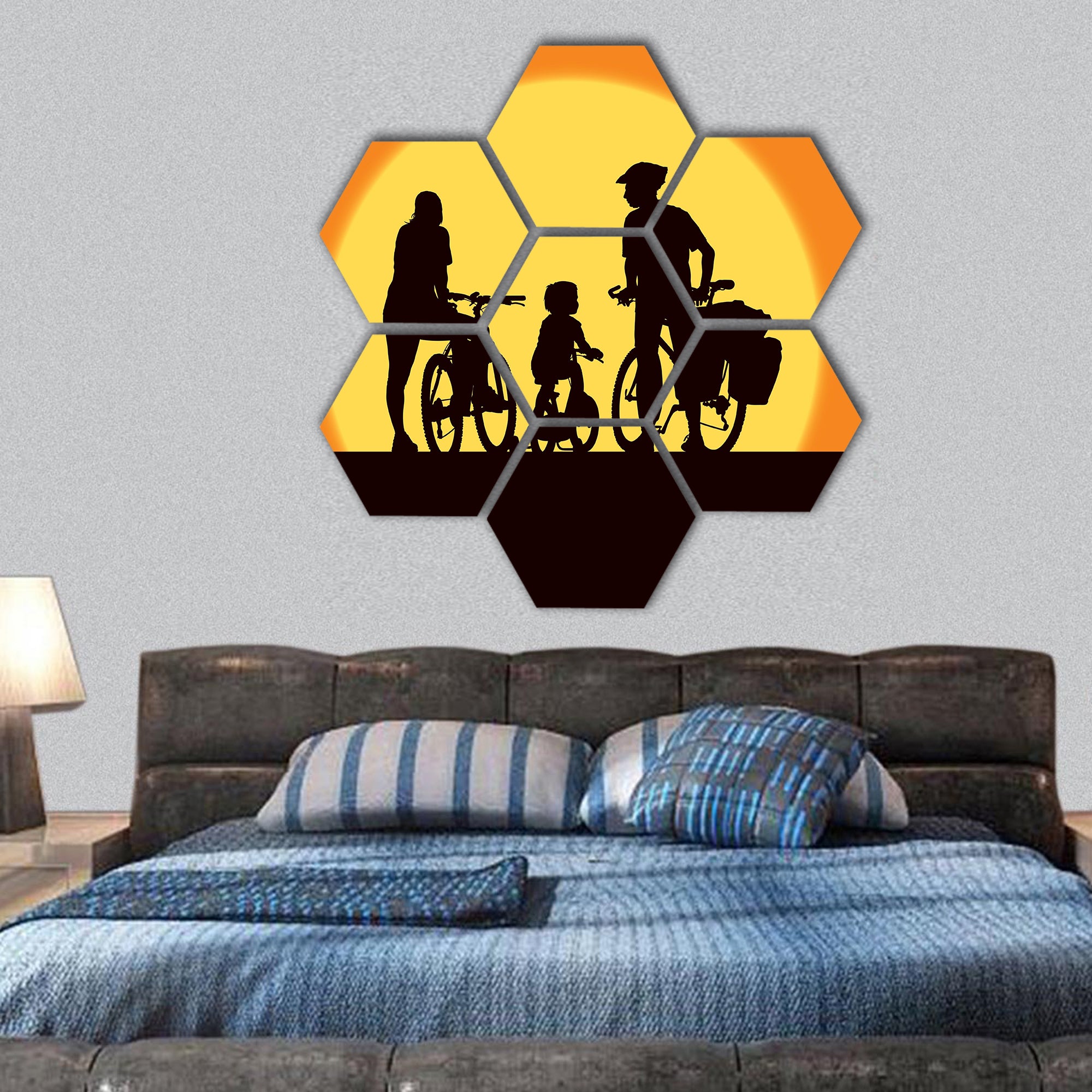 Parents and child cycling on a summer trip hexagonal canvas wall art