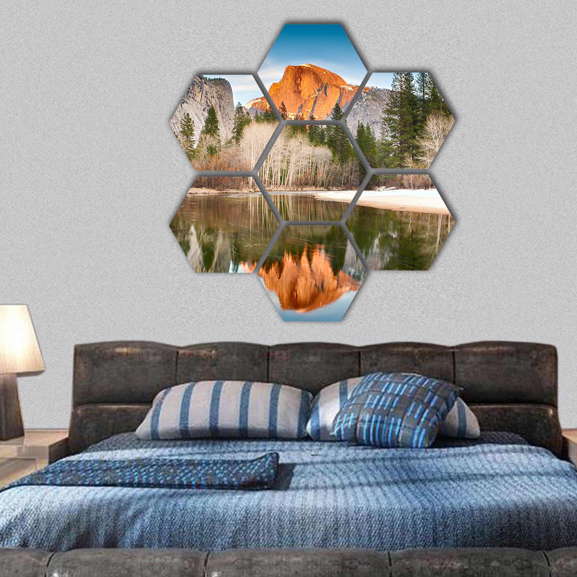 half dome at sunset reflected in the Merced River hexagonal canvas wall art
