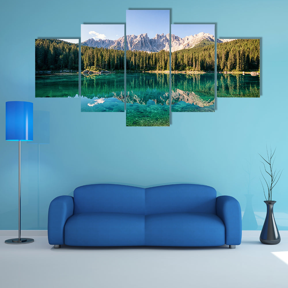 The karerlake at the dolomites in Italy multi panel canvas wall art