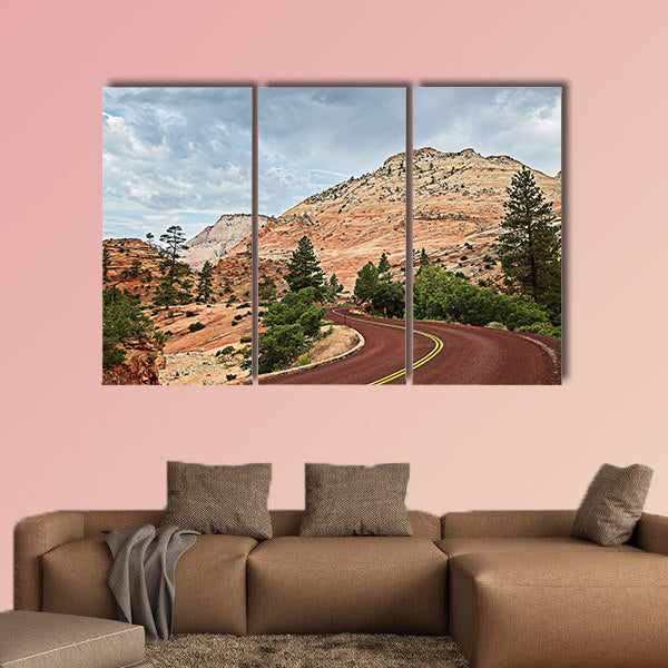 Curved Red Rock Asphalt Road Running Through multi panel canvas wall art