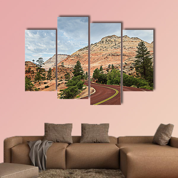 Curved Red Rock Asphalt Road Running Through multi panel canvas wall art