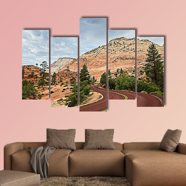 Curved Red Rock Asphalt Road Running Through multi panel canvas wall art