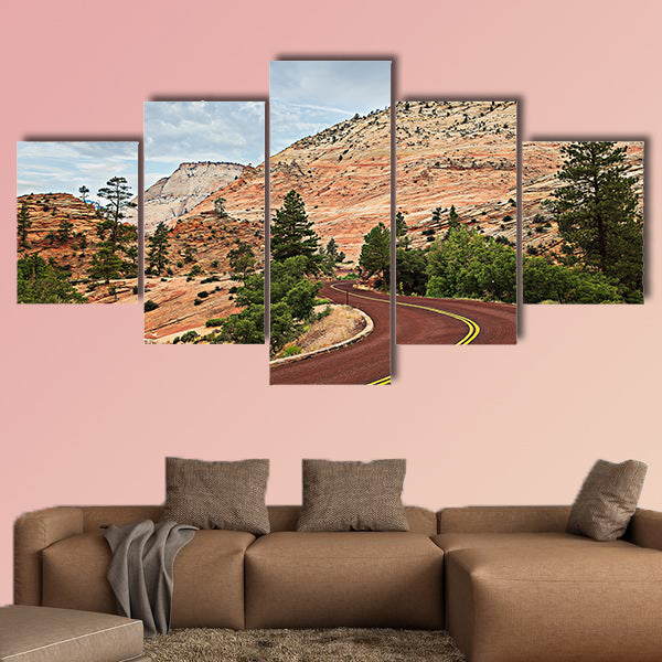Curved Red Rock Asphalt Road Running Through multi panel canvas wall art