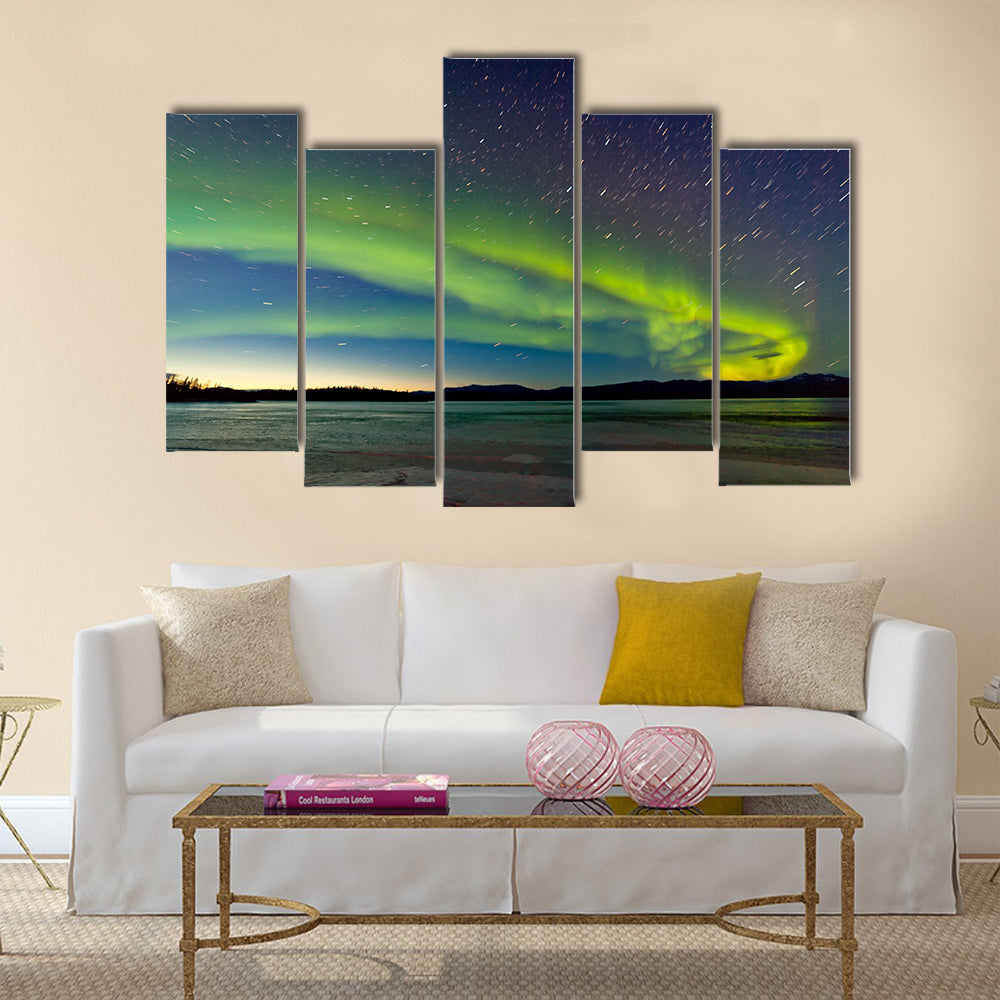 Intense Northern Lights or Aurora borealis or polar lights night sky multi panel canvas wall art