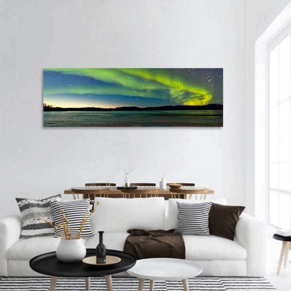Polar lights night sky icy landscape of Lake Laberge Yukon panoramic canvas wall art