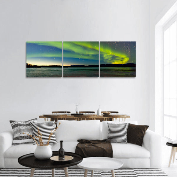 Polar lights night sky icy landscape of Lake Laberge Yukon panoramic canvas wall art