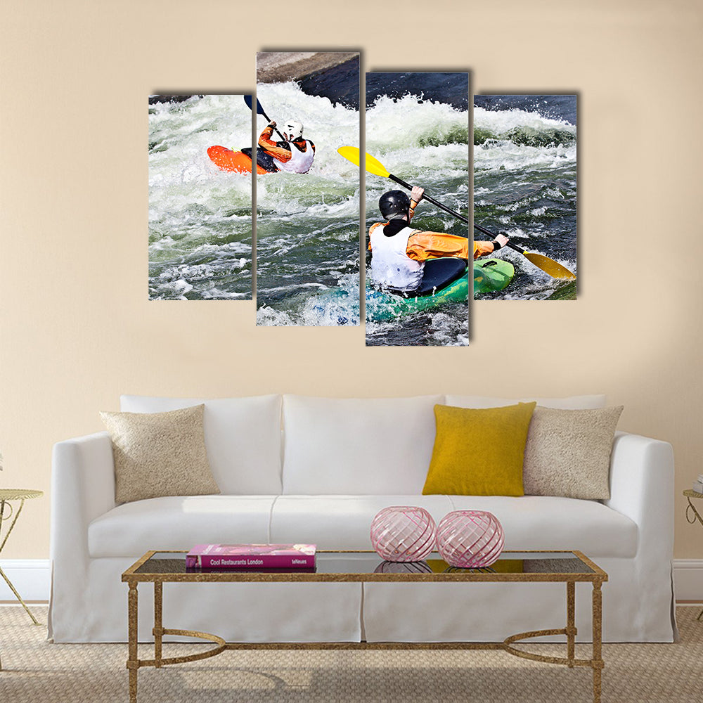 two active kayakers are rolling and surfing in rough water Multi panel canvas wall art