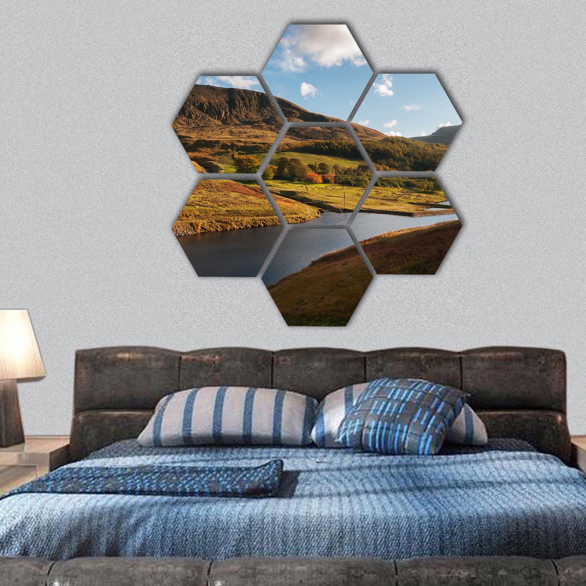 Aerial view of dove stone reservoir in Manchester hexagonal canvas wall art