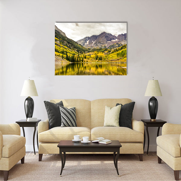 Autumn mountain lake landscape on a cloudy day Multi panel canvas wall art
