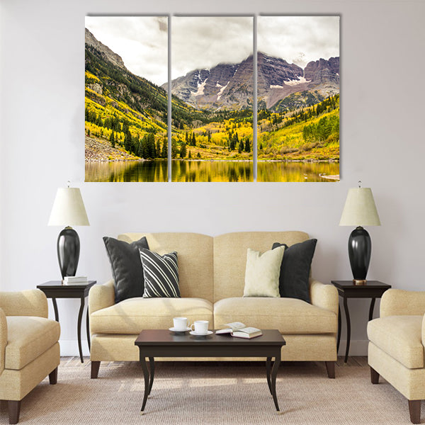 Autumn mountain lake landscape on a cloudy day Multi panel canvas wall art