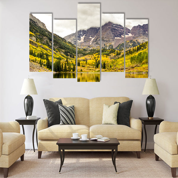 Autumn mountain lake landscape on a cloudy day Multi panel canvas wall art