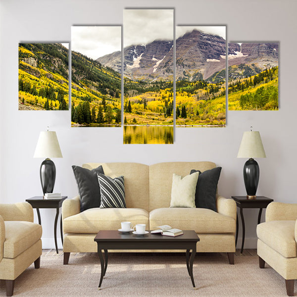 Autumn mountain lake landscape on a cloudy day Multi panel canvas wall art
