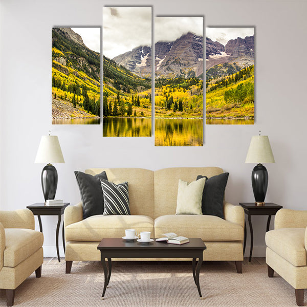 Autumn mountain lake landscape on a cloudy day Colorado Multi panel canvas wall art