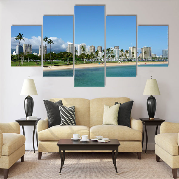 Beach on Magic Island in Ala Moana Beach Park Multi Panel Canvas Wall Art