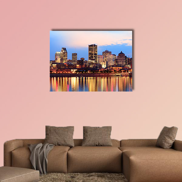 Montreal over river at sunset with city lights and urban buildings art