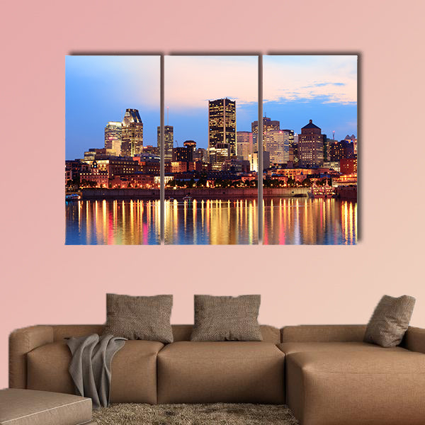Montreal over river at sunset with city lights and urban buildings art