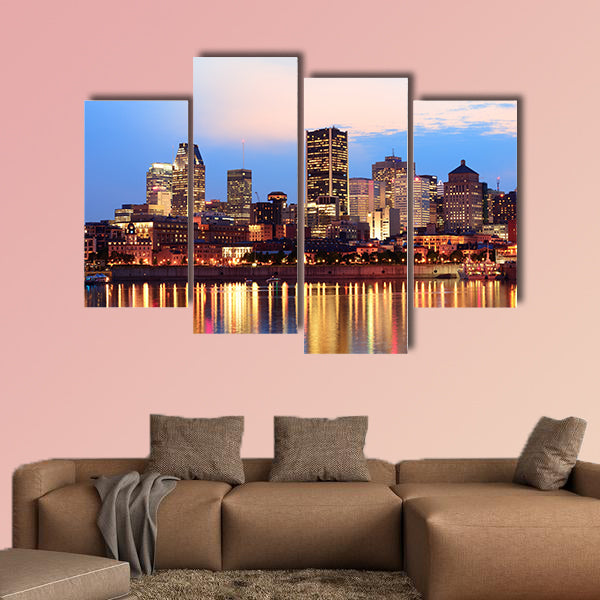Montreal over river at sunset with city lights and urban buildings art