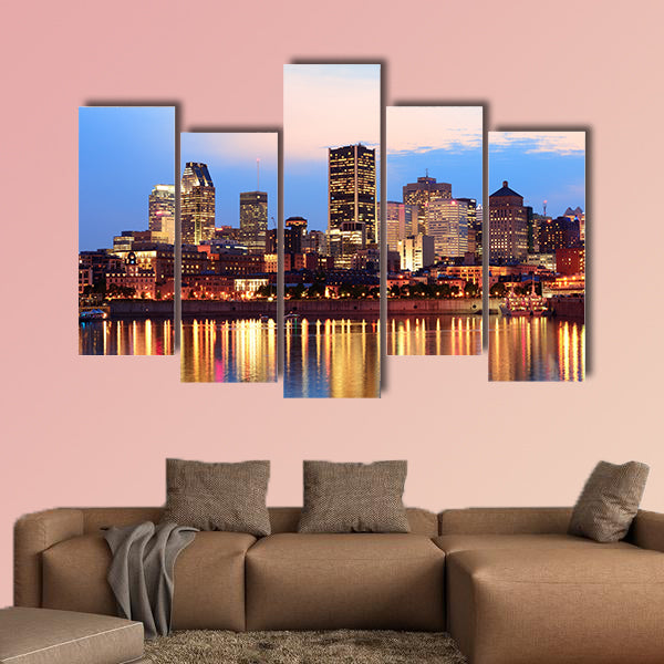 Montreal over river at sunset with city lights and urban buildings art