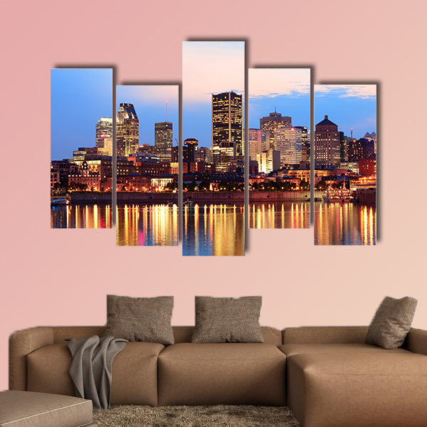 Montreal over river at sunset with city lights and urban buildings wall art