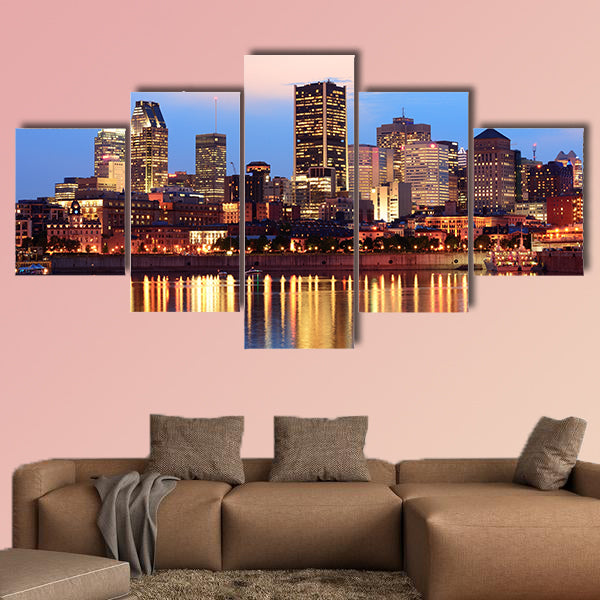Montreal over river at sunset with city lights and urban buildings art
