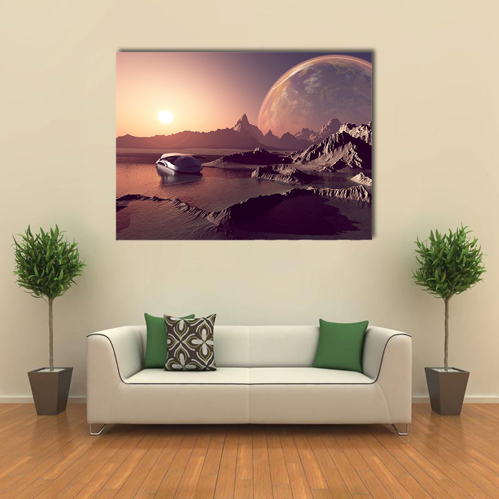 Spacecraft Over The Mountains Of The Planet Multi Panel Wall Art
