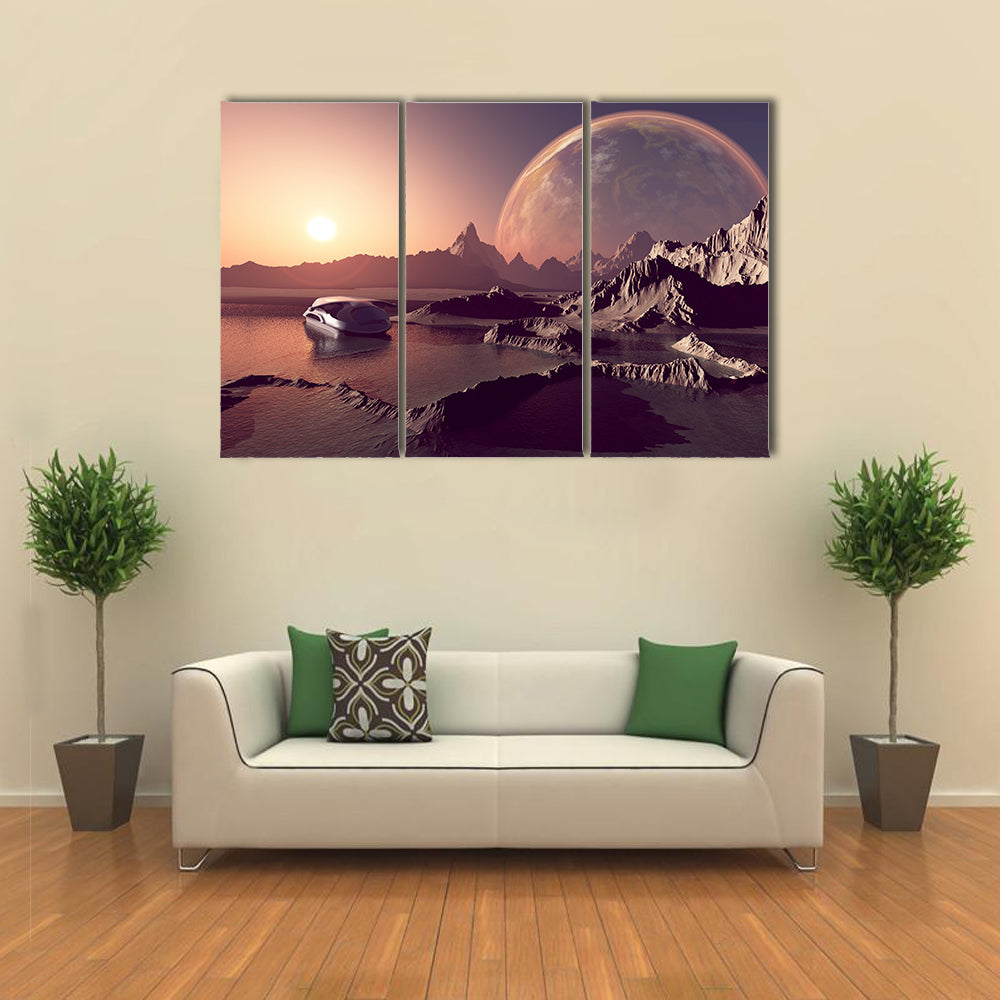 Spacecraft Over The Mountains Of The Planet Multi Panel Wall Art