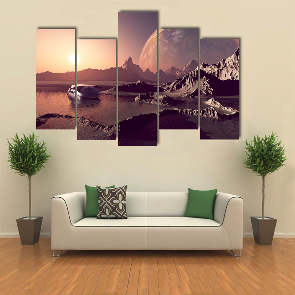 Spacecraft Over The Mountains Of The Planet Multi Panel Wall Art