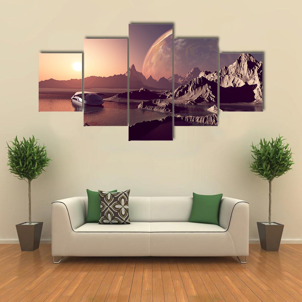 Spacecraft Over The Mountains Of The Planet Multi Panel Wall Art