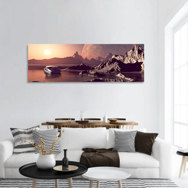 Spacecraft over the mountainous terrain of the planet  panoramic canvas wall art
