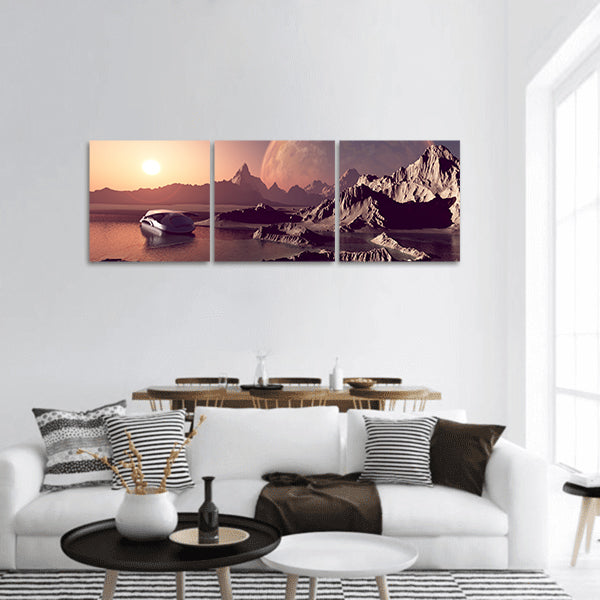 Spacecraft over the mountainous terrain of the planet  panoramic canvas wall art