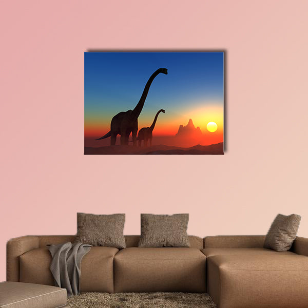 Giant dinosaur in the background of the colorful sky multi panel canvas wall art