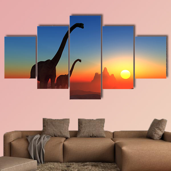 Giant dinosaur in the background of the colorful sky multi panel canvas wall art
