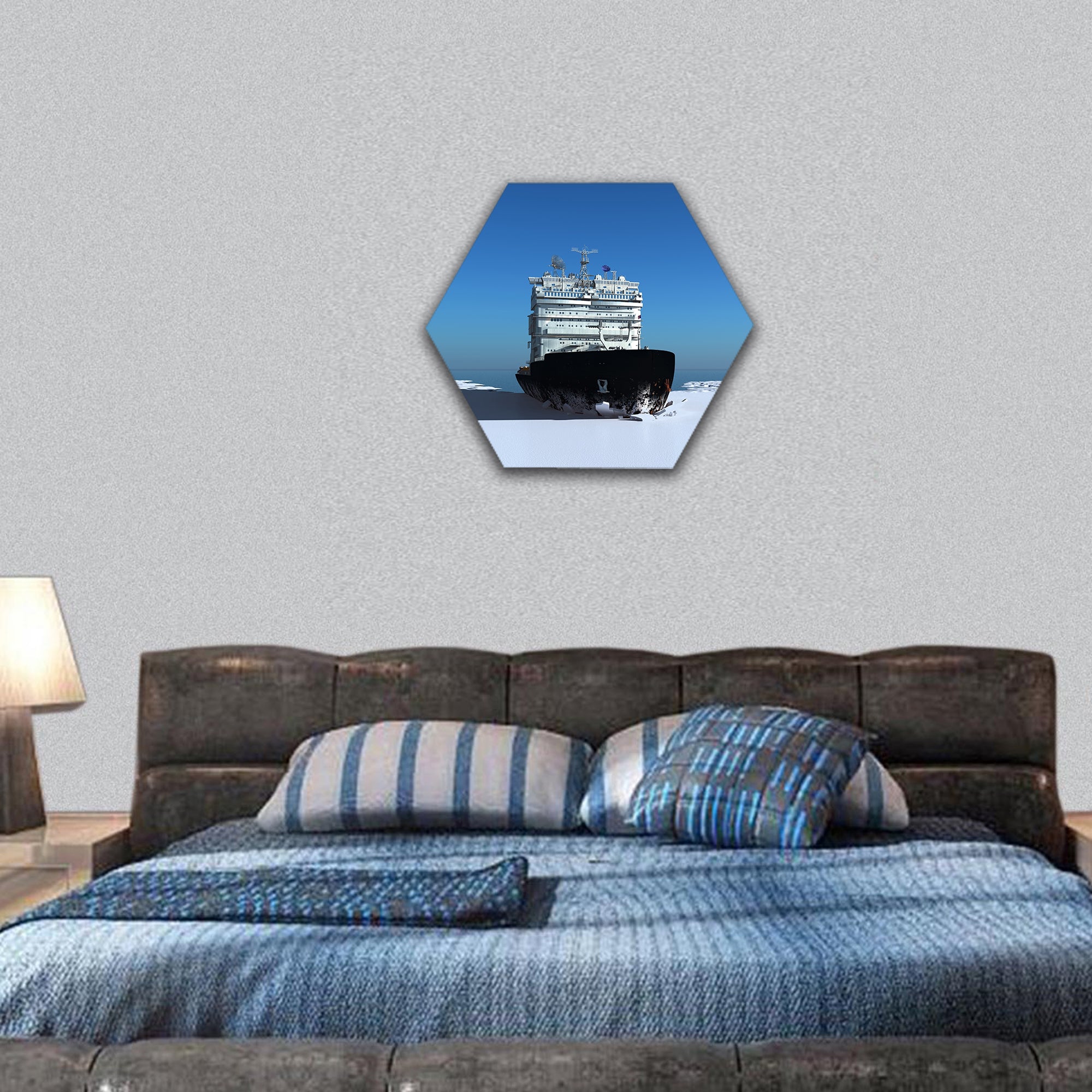 Icebreaker ship on the ice in the sea hexagonal canvas wall art