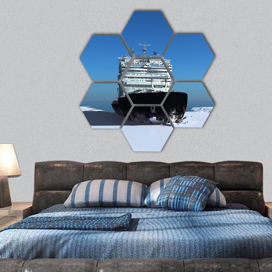 Icebreaker ship on the ice in the sea hexagonal canvas wall art