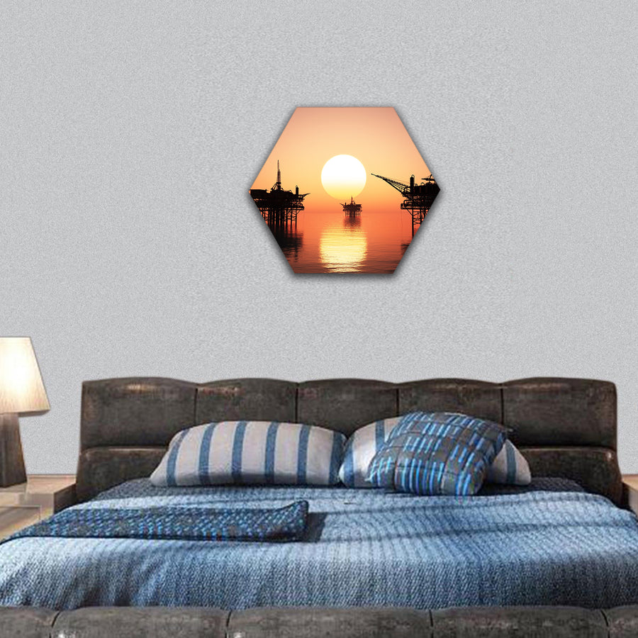 Oil Rig at late evening hexagonal canvas wall art