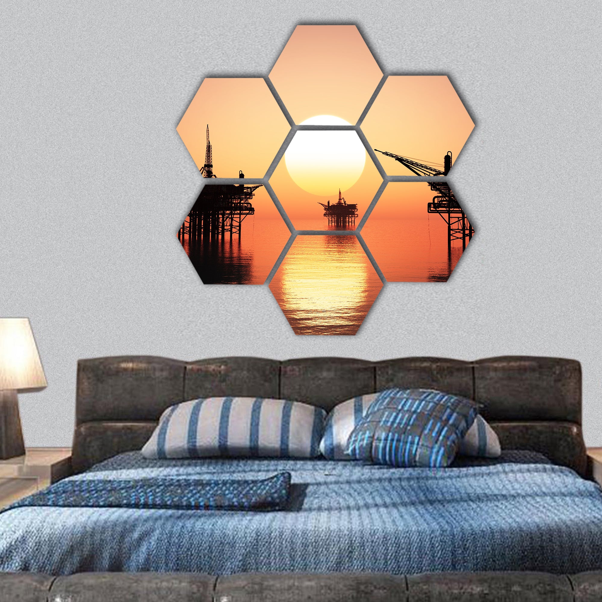 Oil Rig at late evening hexagonal canvas wall art