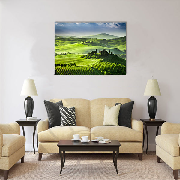 Beautiful sunrise in the valley of San Quirico d Orcia Multi Panel Canvas Wall Art
