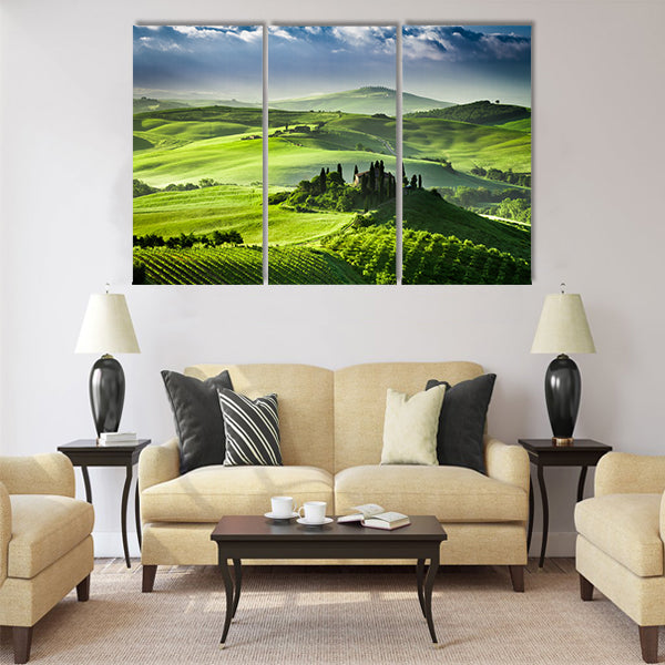 Beautiful sunrise in the valley of San Quirico d Orcia Multi Panel Canvas Wall Art