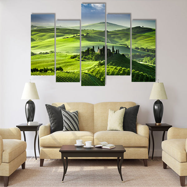 Beautiful sunrise in the valley of San Quirico d Orcia Multi Panel Canvas Wall Art