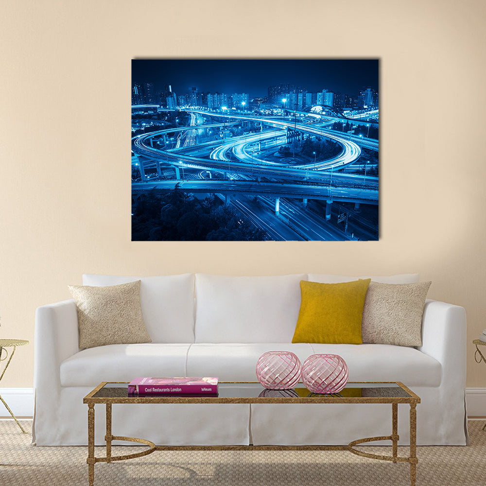interchange overpass at night in shanghai multi panel canvas wall art