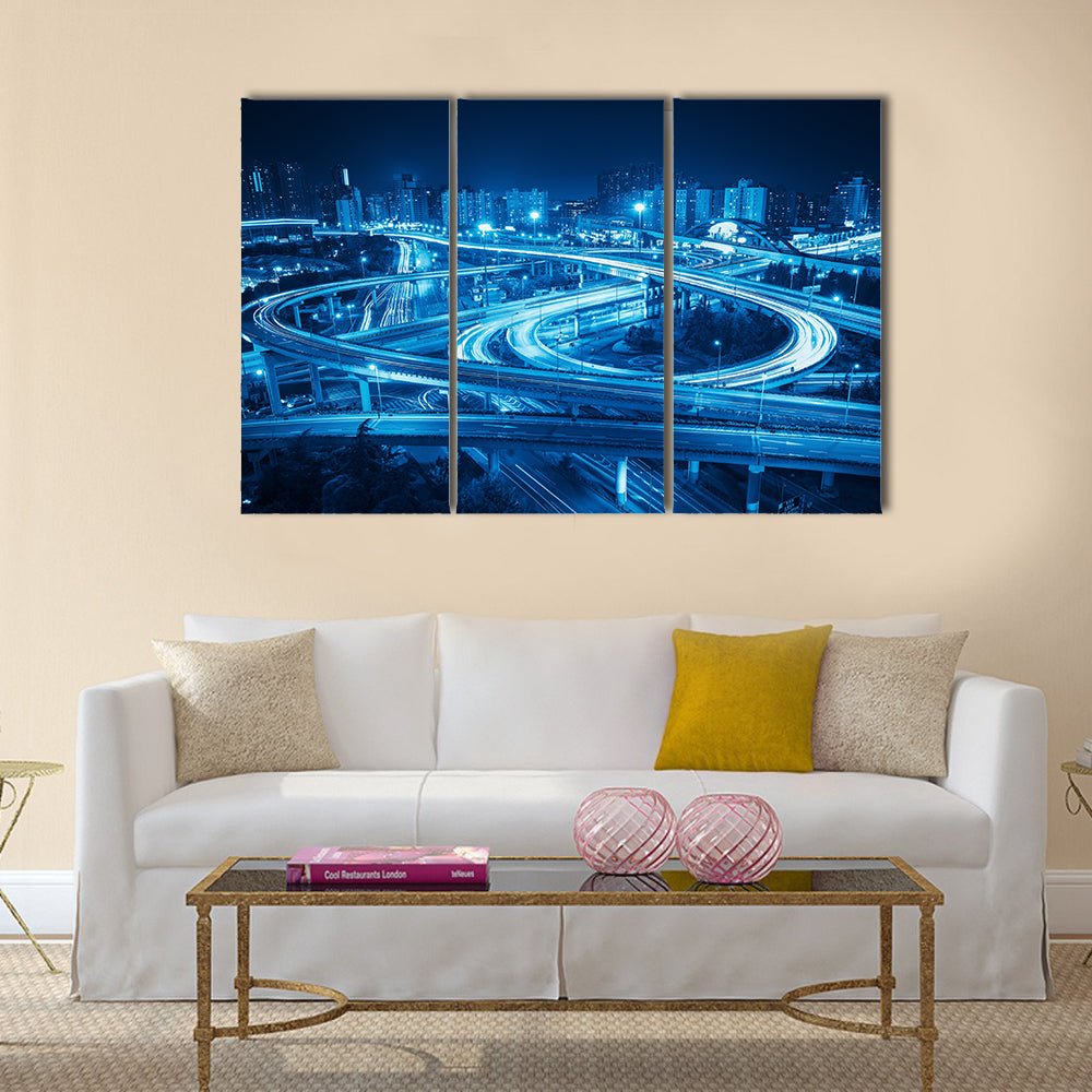 interchange overpass at night in shanghai multi panel canvas wall art