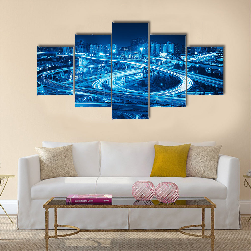 interchange overpass at night in shanghai multi panel canvas wall art