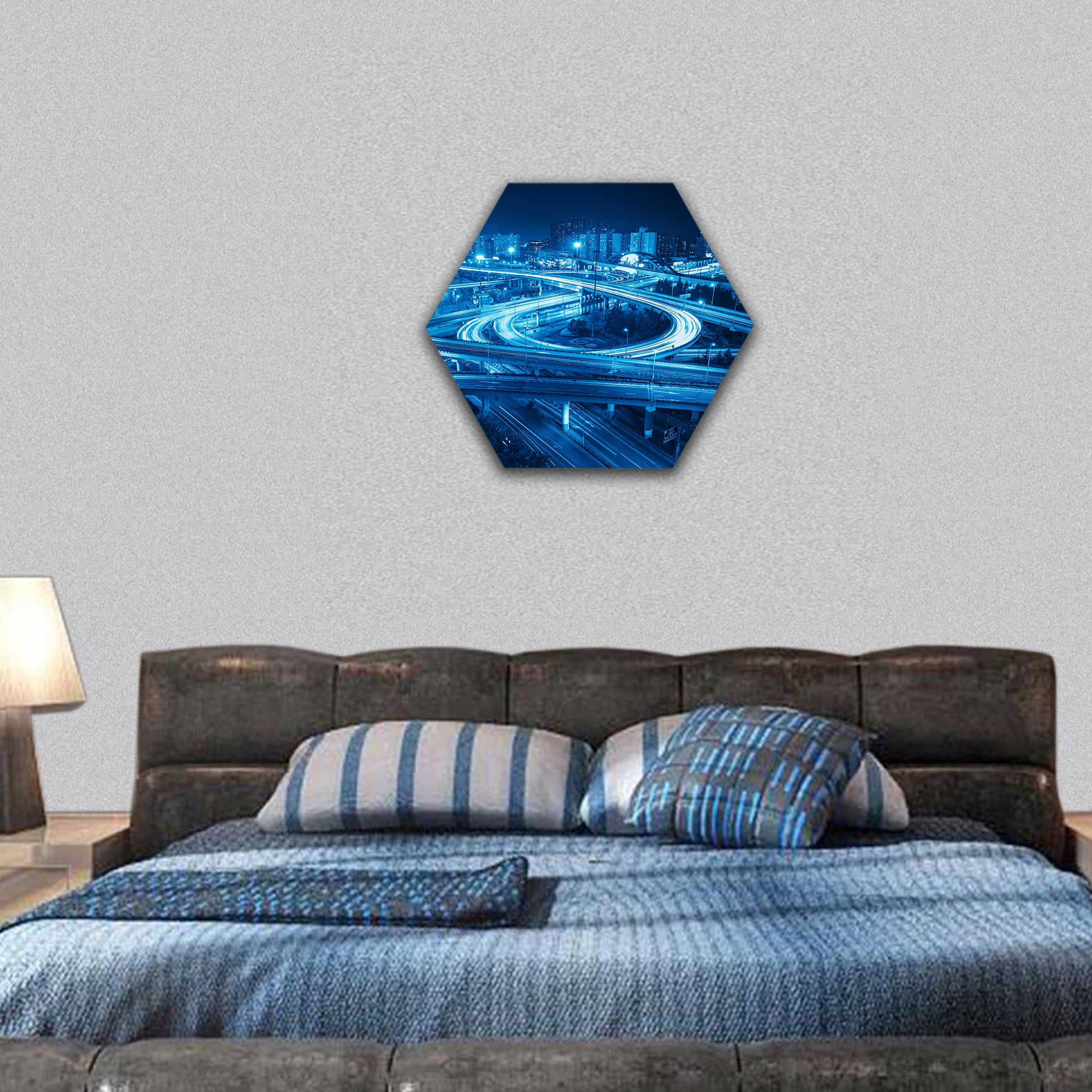 interchange overpass at night in shanghai hexagonal canvas wall art