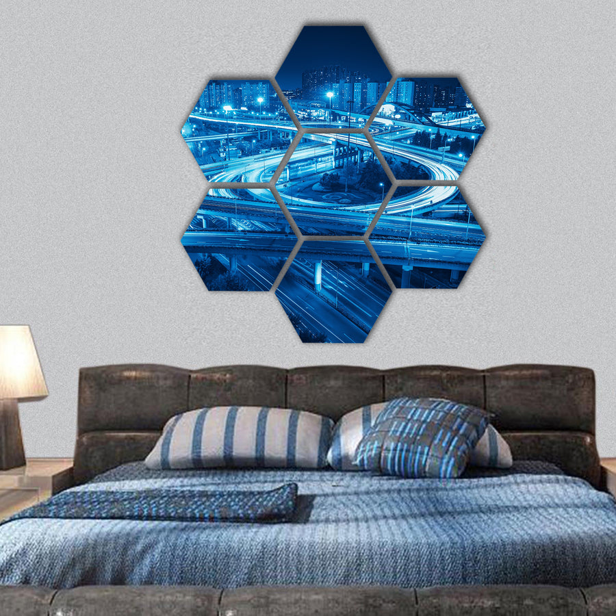 interchange overpass at night in shanghai hexagonal canvas wall art