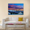 Blue fishing boats on an ocean coast in Essaouira, Morocco Multi panel canvas wall art